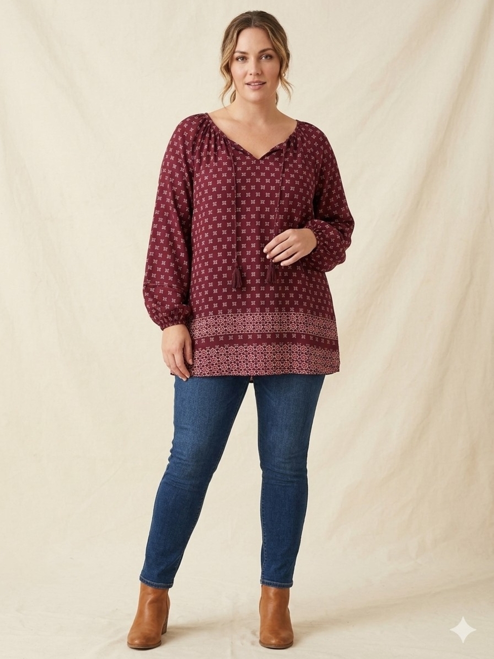 Faded Glory Burgundy Printed V-Neck Peasant Top